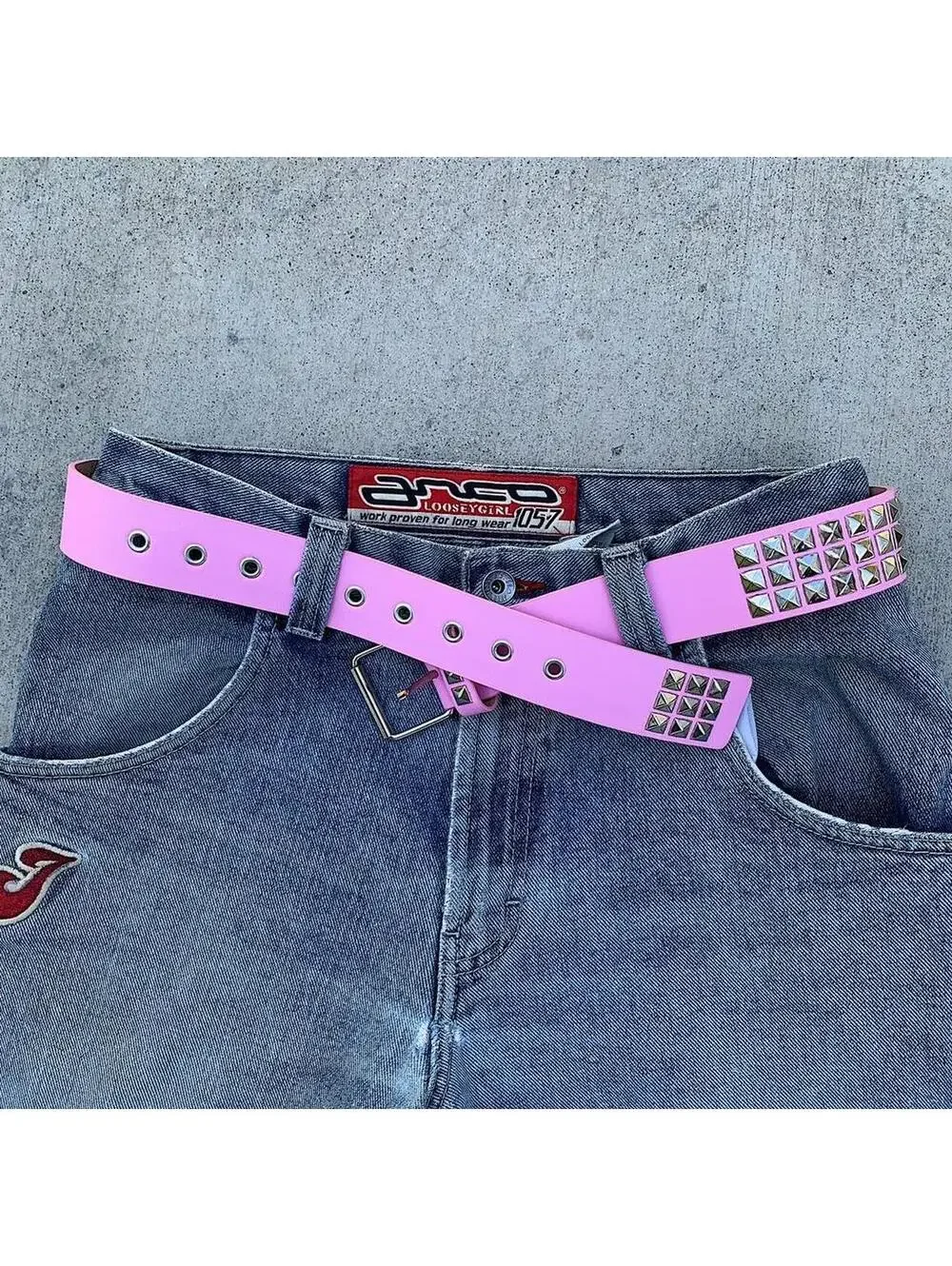Y2k 2000s style Pink leather with silver studded bel . 39 inches length. Comes n